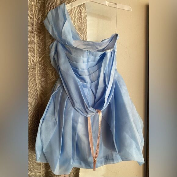 Oh Cici One Shoulder Ruched Mini Dress Light Blue Sz XS-S NWT - Picture 8 of 16
